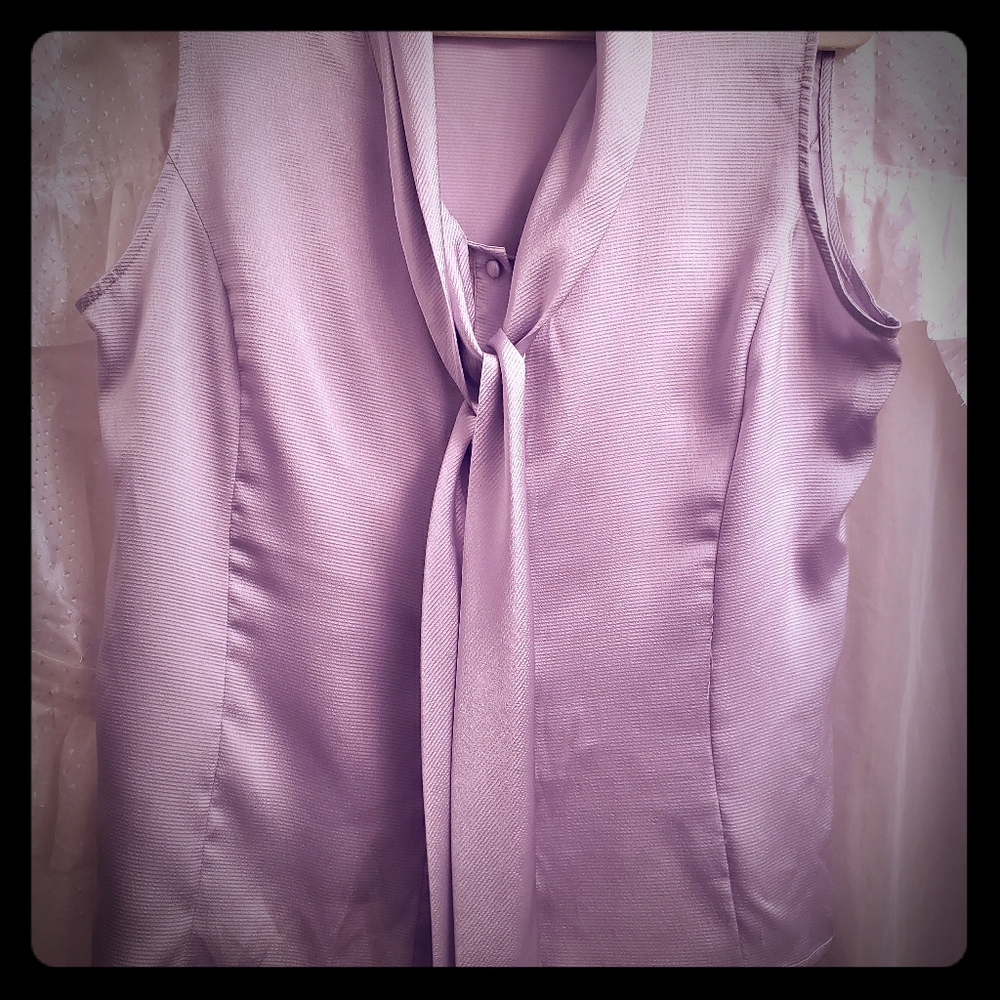 Tahari tie neck  soft grey blouse